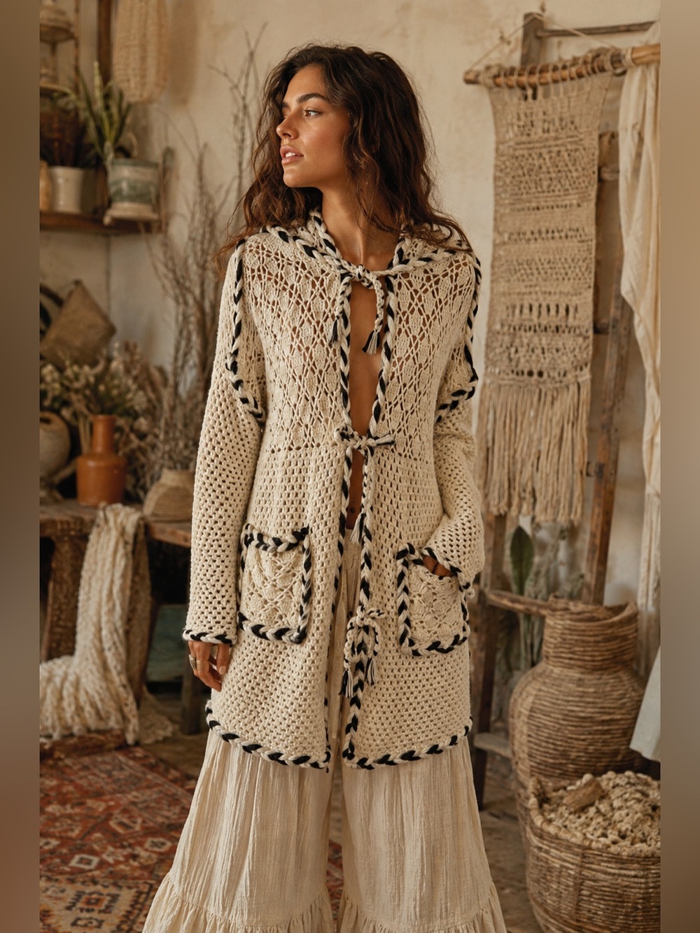 SMYTHE x AUGDEN Alpaca Hand Crochet Hooded Cardigan Cream Black Size L Boho